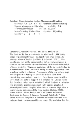Autobed Manufacturing Update Management Hijacking
usability 4.3 2.5 3.5 4.5 telehealth Manufacturing
Update Management Hijacking usability 2.4
4.4000000000000004 1.8 2.8 E Alert
Manufacturing Update Man agement Hijacking
usability 2 2 3 5
Scholarly Article Discussion: The Three Strike Law
The three strike law was enacted on March 4th, 1994 in the
hopes of permanently reducing recidivism rates especially
among violent offenders (Helland & Tabarrok, 2007). The
legislation, just as the name implies in baseball, sentences a
criminal to a minimum 25-year sentence to life after their third
offense, or strike. There are variations of the three strike law in
different states, with California being the most aggressive state
to adhere to the legislation. Proponents of the law believe that
harsher penalties for repeat felons will deter them from
committing more crimes; however, there is not enough wide-
spread reliable data to support this conclusion. Critics claim
that the three strike law is undefined which leads to a violation
of a criminal’s eighth amendment right against cruel and
unusual punishment coupled with a fiscal cost too high, that is
overcrowding prisons and the legal system (Eaton, 2003).
In the article, “Three Strikes and You’re Out: Enhanced
Sentences for Repeat Offenders Research Pathfinder,” Lisa
Eaton discusses the public’s concern with crime and the three
strikes effectiveness on recidivism rates. She explains that the
 