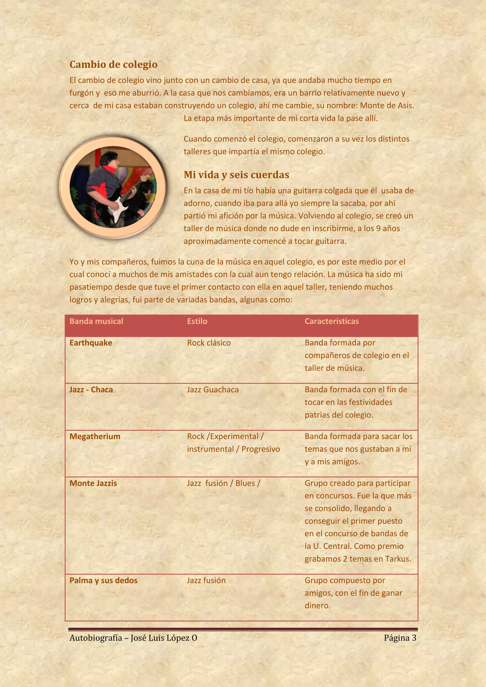 Cambio de colegio
El cambio de colegio vino junto con un cambio de casa, ya que andaba mucho tiempo en
furgón y eso me aburrió. A la casa que nos cambiamos, era un barrio relativamente nuevo y
cerca de mi casa estaban construyendo un colegio, ahí me cambie, su nombre: Monte de Asís.
                               La etapa más importante de mi corta vida la pase allí.

                              Cuando comenzó el colegio, comenzaron a su vez los distintos
                              talleres que impartía el mismo colegio.

                              Mi vida y seis cuerdas
                              En la casa de mi tío había una guitarra colgada que él usaba de
                              adorno, cuando iba para allá yo siempre la sacaba, por ahí
                              partió mi afición por la música. Volviendo al colegio, se creó un
                              taller de música donde no dude en inscribirme, a los 9 años
                              aproximadamente comencé a tocar guitarra.

Yo y mis compañeros, fuimos la cuna de la música en aquel colegio, es por este medio por el
cual conocí a muchos de mis amistades con la cual aun tengo relación. La música ha sido mi
pasatiempo desde que tuve el primer contacto con ella en aquel taller, teniendo muchos
logros y alegrías, fui parte de variadas bandas, algunas como:

Banda musical                  Estilo                           Características

Earthquake                     Rock clásico                     Banda formada por
                                                                compañeros de colegio en el
                                                                taller de música.

Jazz - Chaca                   Jazz Guachaca                    Banda formada con el fin de
                                                                tocar en las festividades
                                                                patrias del colegio.

Megatherium                    Rock /Experimental /             Banda formada para sacar los
                               instrumental / Progresivo        temas que nos gustaban a mí
                                                                y a mis amigos.

Monte Jazzis                   Jazz fusión / Blues /            Grupo creado para participar
                                                                en concursos. Fue la que más
                                                                se consolido, llegando a
                                                                conseguir el primer puesto
                                                                en el concurso de bandas de
                                                                la U. Central. Como premio
                                                                grabamos 2 temas en Tarkus.

Palma y sus dedos              Jazz fusión                      Grupo compuesto por
                                                                amigos, con el fin de ganar
                                                                dinero.


Autobiografía – José Luis López O                                                     Página 3
 