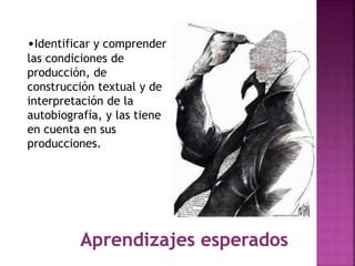 •Identificar y comprender
las condiciones de
producción, de
construcción textual y de
interpretación de la
autobiografía, y las tiene
en cuenta en sus
producciones.
 