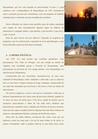 Moçambique, que teve uma duração de sensivelmente 10 anos e a qual
culminou com a independência de Moçambique em 1975, formando-se
assim o primeiro governo pós colonialismo, com um programa de trabalho
orientado para a construção de uma sociedade pro-socialista.


    Deixo reflectido em síntese neste portfolio parte da minha caminhada
pela viagem da vida, nomeadamente algumas etapas da infância, da
adolescência e enquanto adulto; o que aprendi, o que descobri, o que senti e
o que vivenciei.
    Parte do aqui escrevo tem por objectivo responder às exigências do
programa a que me submeti para a aquisição de novas aprendizagens, o que
ficará reflectido a partir do final desta introdução.




    1- A MINHA INFÂNCIA
    Até 1970, vivi num recanto que considero paradisíaco, mais
precisamente Vila Velha de Ulongué, vila esta situada no distrito de
Angónia, uma localidade pacata a Noroeste de Moçambique, mais
precisamente na província de Tete (antigo distrito; visto Moçambique ser
uma Província Ultramarina).
    Caracterizada por um microclima, encontramo-nos na zona mais
ocidental de Moçambique, muito verdejante e onde tudo o que se cultivava
dava os seus frutos. Campos enormes de longo verdejante, espairecendo até
aos sopés das montanhas que envolviam a vila como se fosse um abraço da
mãe natureza.
    Por motivos logísticos, e como o meu pai era veterinário e tinha que se
deslocar frequentemente por várias zonas da província (distrito), quando fiz
os meus seis anos, fui morar para a Vila Nova, capital de distrito, que se
localizava sensivelmente a 10km da vila onde nasci, distância esta
percorrida por caminhos ermos, rodeados por florestas de árvores enormes,
onde nas suas copas se podiam observar algumas das mais belas criaturas da
natureza, nomeadamante babuinos, primatas da família dos símios.
    Desta fase da minha infância, recordo-me das várias vezes que me
deslocava, junto dos meus pais e de um de meus irmãos (o do meio), às
quintas circundantes, onde se podiam observar as suas belas terras, umas
 