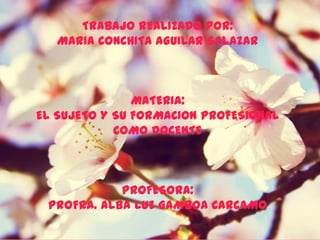 TRABAJO REALIZADO POR:
   MARIA CONCHITA AGUILAR SALAZAR



               MATERIA:
El SUJETO Y SU FORMACION PROFESIONAL
            COMO DOCENTE



            PROFESORA:
 PROFRA. ALBA LUZ GAMBOA CARCAMO
 