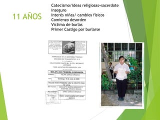 11 AÑOS

Catecismo/ideas religiosas=sacerdote
Inseguro
Interés niñas/ cambios físicos
Comienzo desorden
Victima de burlas
Primer Castigo por burlarse

 