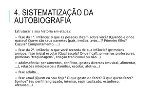 4. SISTEMATIZAÇÃO DA
AUTOBIOGRAFIA
Estruturar a sua história em etapas:
= fase da 1ª. infância: o que as pessoas dizem sobre você? (Quando e onde
nasceu? Quem são seus parentes [pais, irmãos, avós...]? Primeiro filho?
Caçula? Comportamento, ...)
= fase da 2ª. infância: o que você recorda de sua infância? (primeiros
amigos, fase inicial escolar [Qual escola? Onde fica?], primeiros professores,
primeiras “traquinagens”, criação tradicional ou não...)
= adolescência: pensamentos, conflitos, gostos diversos (musical, alimentar,
...), relações interpessoais (familiar, escolar, afetiva...)
= fase adulta...
= fase atual (Quem eu sou hoje? O que gosto de fazer? O que quero fazer?
Sonhos? Seu perfil [engraçado, intenso, espiritualizado, estudioso,
afetuoso...)
 