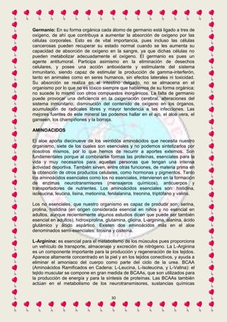 Germanio: En su forma orgánica cada átomo de germanio está ligado a tres de 
oxígeno, de ahí que contribuya a aumentar la absorción de oxígeno por las 
células corporales. Esto es de vital importancia, pues incluso las células 
cancerosas pueden recuperar su estado normal cuando se les aumenta su 
capacidad de absorción de oxígeno en la sangre, ya que dichas células no 
pueden metabolizar adecuadamente el oxígeno. El germanio es pues un 
agente antitumoral. Participa asimismo en la eliminación de desechos 
celulares, y posee una acción antioxidante y estimulante del sistema 
inmunitario, siendo capaz de estimular la producción de gamma-interferón, 
tanto en animales como en seres humanos, sin efectos laterales ni toxicidad. 
Su absorción se realiza en el intestino delgado, no se almacena en el 
organismo por lo que no es tóxico siempre que hablemos de su forma orgánica; 
no sucede lo mismo con otros compuestos inorgánicos. La falta de germanio 
puede provocar una deficiencia en la oxigenación cerebral, alteraciones del 
sistema inmunitario, disminución del contenido de oxígeno en los órganos, 
acumulación de radicales libres y mayor tendencia a las infecciones. Las 
mejores fuentes de este mineral las podemos hallar en el ajo, el aloe vera, el 
ganseen, los champiñones y la borraja. 
30 
AMINOACIDOS 
El aloe aporta diecinueve de los veintidós aminoácidos que necesita nuestro 
organismo, siete de los cuales son esenciales y no podemos sintetizarlos por 
nosotros mismos, por lo que hemos de recurrir a aportes externos. Son 
fundamentales porque al combinarse formas las proteínas, esenciales para la 
vida y muy necesarios para aquellas personas que tengan una intensa 
actividad deportiva. También sirven, entre otras funciones, de materia prima en 
la obtención de otros productos celulares, como hormonas y pigmentos. Tanto 
los aminoácidos esenciales como los no esenciales, intervienen en la formación 
de enzimas neurotransmisores (mensajeros químicos), anticuerpos y 
transportadores de nutrientes. Los aminoácidos esenciales son: histidina, 
isoleucina, leucina, lisina, metionina, fenilalanina, treonina, triptófano y valina. 
Los no esenciales, que nuestro organismo es capaz de produdir son: serina, 
prolina, histidina (en origen considerada esencial en niños y no esencial en 
adultos, aunque recientemente algunos estudios dicen que puede ser también 
esencial en adultos), hidroxiprolina, glutamina, glicina, L-arginina, alanina, ácido 
glutámico y ácido aspártico. Existen dos aminoácidos más en el aloe 
denominados semi-esenciales: tirosina y cisteína. 
L-Arginina: es esencial para el metabolismo de los músculos pues proporciona 
un vehículo de transporte, almacenaje y excreción de nitrógeno. La L-Arginina 
es un componente importante para la producción y regeneración de los tejidos. 
Aparece altamente concentrado en la piel y en los tejidos conectivos, y ayuda a 
eliminar el amoniaco del cuerpo como parte del ciclo de la urea. BCAA 
(Aminoácidos Ramificados en Cadena: L-Leucina, L-Isoleucina, y L-Valina): el 
tejido muscular se compone en gran medida de BCAAs, que son utilizados para 
la producción de energía y para la síntesis de proteínas. Las BCAAs también 
actúan en el metabolismo de los neurotransmisores, sustancias químicas 
 