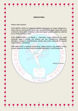 DEDICATORIA 
6 
Dedico este proyecto: 
CON AMOR a DIOS por habernos dotado e iluminado con sabia inteligencia y 
sobre todo por darnos el don de la vida, permitiéndonos llegar hasta este punto 
y habernos dado salud, fortaleza y valor para lograr nuestros objetivos, además 
de su infinita bondad y amor. 
CON ADMIRACIÓN a mi Madre y Hermanos cuyos sacrificios me están 
haciendo llegar a cumplir mis sueños, con sus motivaciones constantes, 
dándonos consejos y enseñándonos valores para poder sobresalir en nuestra 
vida cotidiana y estudiantil. 
CON GRATITUD a nuestros tutores Bioq. Carlos García e Ing.Jakeline Conza, 
a quien debemos muchas horas de amable dedicación y mucha paciencia. 
Joselyn Valarezo 
 