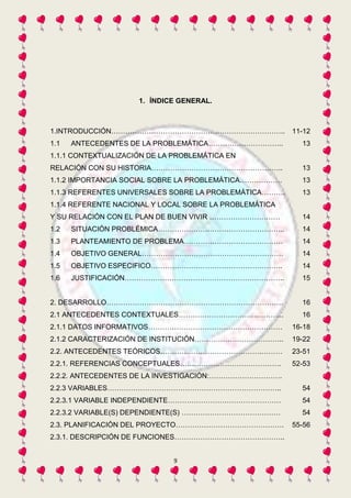 1. ÍNDICE GENERAL. 
1.INTRODUCCIÓN……………………………………………………………….. 11-12 
1.1 ANTECEDENTES DE LA PROBLEMÁTICA………………………….. 13 
1.1.1 CONTEXTUALIZACIÓN DE LA PROBLEMÁTICA EN 
RELACIÓN CON SU HISTORIA……………………………………………….. 13 
1.1.2 IMPORTANCIA SOCIAL SOBRE LA PROBLEMÁTICA……………… 13 
1.1.3 REFERENTES UNIVERSALES SOBRE LA PROBLEMÁTICA………. 13 
1.1.4 REFERENTE NACIONAL Y LOCAL SOBRE LA PROBLEMÁTICA 
Y SU RELACIÓN CON EL PLAN DE BUEN VIVIR ………………………… 14 
1.2 SITUACIÓN PROBLÉMICA……………………………………………... 14 
1.3 PLANTEAMIENTO DE PROBLEMA…………………………………… 14 
1.4 OBJETIVO GENERAL…………………………………………………… 14 
1.5 OBJETIVO ESPECIFICO……………………………………………….. 14 
1.6 JUSTIFICACIÓN………………………………………………………….. 15 
2. DESARROLLO………………………………………………………………… 16 
2.1 ANTECEDENTES CONTEXTUALES……………………………………... 16 
2.1.1 DATOS INFORMATIVOS………………………………………………… 16-18 
2.1.2 CARACTERIZACIÓN DE INSTITUCIÓN……………………………….. 19-22 
2.2. ANTECEDENTES TEÓRICOS…………………………………….……… 23-51 
2.2.1. REFERENCIAS CONCEPTUALES……………………………………. 52-53 
2.2.2. ANTECEDENTES DE LA INVESTIGACIÓN:…………………………. 
2.2.3 VARIABLES……………………………………………………………….. 54 
2.2.3.1 VARIABLE INDEPENDIENTE………………………………………… 54 
2.2.3.2 VARIABLE(S) DEPENDIENTE(S) …………………………………… 54 
2.3. PLANIFICACIÓN DEL PROYECTO………………………………………. 55-56 
2.3.1. DESCRIPCIÓN DE FUNCIONES……………………………………….. 
9 
 