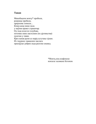 Таван
Минобацачи монту* пробили,
рожнице пребили,
цријепове ломили...
Кошуљица мине пала
у мајчин кревет страничар.
Од тада излегле голубове,
потомке оних пастелних (из дјетињства)
пуштам у таван.
Кроз капак руни се перје,гугутање тјеши.
Из тмурних таванских наслага
просијуци добрих нада разгоне оневид.

*Монта,лок.плафонске
конзоле заливене бетоном

 