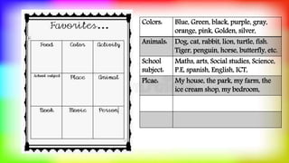 Colors: Blue, Green, black, purple, gray,
orange, pink, Golden, silver,
Animals: Dog, cat, rabbit, lion, turtle, fish.
Tiger, penguin, horse, butterfly, etc.
School
subject:
Maths, arts, Social studies, Science,
P.E, spanish, English, ICT,
Plcae: My house, the park, my farm, the
ice cream shop, my bedroom,
 