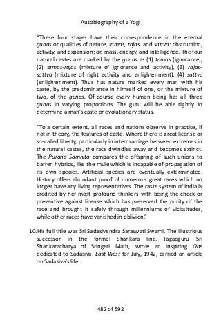 Autobiography of a Yogi
“These four stages have their correspondence in the eternal
gunas or qualities of nature, tamas, rajas, and sattva: obstruction,
activity, and expansion; or, mass, energy, and intelligence. The four
natural castes are marked by the gunas as (1) tamas (ignorance),
(2) tamas-rajas (mixture of ignorance and activity), (3) rajas-
sattva (mixture of right activity and enlightenment), (4) sattva
(enlightenment). Thus has nature marked every man with his
caste, by the predominance in himself of one, or the mixture of
two, of the gunas. Of course every human being has all three
gunas in varying proportions. The guru will be able rightly to
determine a man’s caste or evolutionary status.
“To a certain extent, all races and nations observe in practice, if
not in theory, the features of caste. Where there is great license or
so-called liberty, particularly in intermarriage between extremes in
the natural castes, the race dwindles away and becomes extinct.
The Purana Samhita compares the offspring of such unions to
barren hybrids, like the mule which is incapable of propagation of
its own species. Artificial species are eventually exterminated.
History offers abundant proof of numerous great races which no
longer have any living representatives. The caste system of India is
credited by her most profound thinkers with being the check or
preventive against license which has preserved the purity of the
race and brought it safely through millenniums of vicissitudes,
while other races have vanished in oblivion.”
10.His full title was Sri Sadasivendra Saraswati Swami. The illustrious
successor in the formal Shankara line, Jagadguru Sri
Shankaracharya of Sringeri Math, wrote an inspiring Ode
dedicated to Sadasiva. East-West for July, 1942, carried an article
on Sadasiva’s life.
482 of 592
 