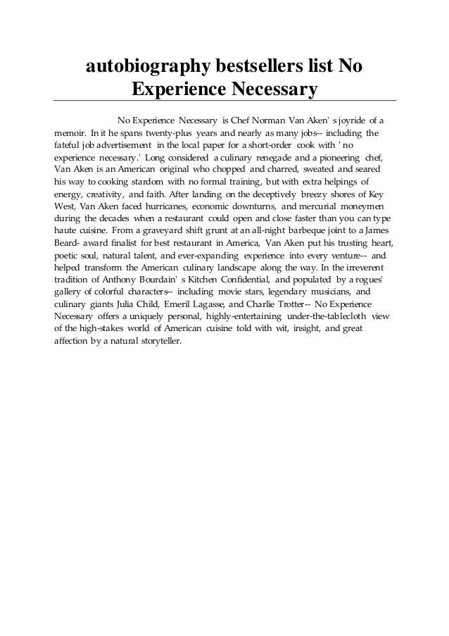 Autobiography Bestsellers List No Experience Necessary Autobiography Bestsellers List No Experience Necessary