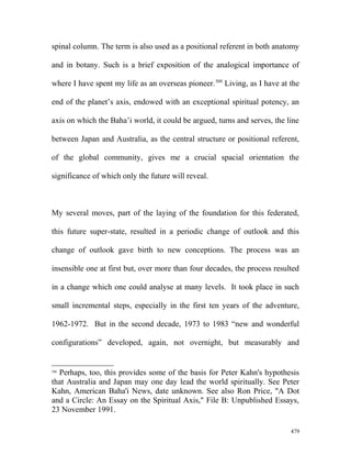 spinal column. The term is also used as a positional referent in both anatomy
and in botany. Such is a brief exposition of the analogical importance of
where I have spent my life as an overseas pioneer.500
Living, as I have at the
end of the planet’s axis, endowed with an exceptional spiritual potency, an
axis on which the Baha’i world, it could be argued, turns and serves, the line
between Japan and Australia, as the central structure or positional referent,
of the global community, gives me a crucial spacial orientation the
significance of which only the future will reveal.
My several moves, part of the laying of the foundation for this federated,
this future super-state, resulted in a periodic change of outlook and this
change of outlook gave birth to new conceptions. The process was an
insensible one at first but, over more than four decades, the process resulted
in a change which one could analyse at many levels. It took place in such
small incremental steps, especially in the first ten years of the adventure,
1962-1972. But in the second decade, 1973 to 1983 “new and wonderful
configurations” developed, again, not overnight, but measurably and
500
Perhaps, too, this provides some of the basis for Peter Kahn's hypothesis
that Australia and Japan may one day lead the world spiritually. See Peter
Kahn, American Baha'i News, date unknown. See also Ron Price, "A Dot
and a Circle: An Essay on the Spiritual Axis," File B: Unpublished Essays,
23 November 1991.
479
 