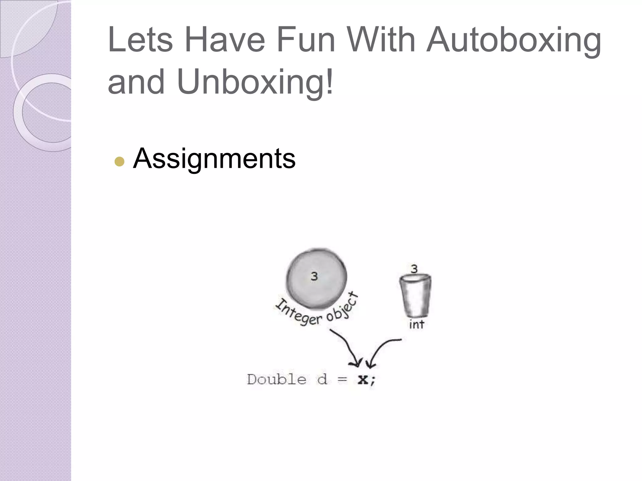 Lets Have Fun With Autoboxing
and Unboxing!
● Assignments
 