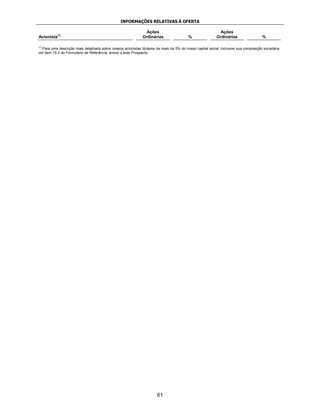 INFORMAÇÕES RELATIVAS À OFERTA

                                                                Ações                                       Ações
Acionista(1)                                                  Ordinárias                 %                Ordinárias                  %

(1)
  Para uma descrição mais detalhada sobre nossos acionistas titulares de mais de 5% do nosso capital social, inclusive sua composição societária,
ver item 15.2 do Formulário de Referência, anexo a este Prospecto.




                                                                       61
 
