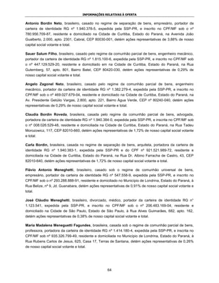 INFORMAÇÕES RELATIVAS À OFERTA


Antonio Bordin Neto, brasileiro, casado no regime de separação de bens, empresário, portador da
carteira de identidade RG nº 1.940.378-5, expedida pela SSP-PR, e inscrito no CPF/MF sob o nº
780.956.709-87, residente e domiciliado na Cidade de Curitiba, Estado do Paraná, na Avenida João
Gualberto, 2.000, apto. 2301, Cabral, CEP 80030-001, detém ações representativas de 3,88% de nosso
capital social votante e total.

Sauer Salum Filho, brasileiro, casado pelo regime da comunhão parcial de bens, engenheiro mecânico,
portador da carteira de identidade RG nº 1.815.100-6, expedida pela SSP-PR, e inscrito no CPF/MF sob
o nº 447.129.529-20, residente e domiciliado em na Cidade de Curitiba, Estado do Paraná, na Rua
Gutemberg, 57, apto. 801, Bairro Batel, CEP 80420-030, detém ações representativas de 0,29% de
nosso capital social votante e total.

Angelo Zagonel Neto, brasileiro, casado pelo regime da comunhão parcial de bens, engenheiro
mecânico, portador da carteira de identidade RG nº 1.382.279-4, expedida pela SSP-PR, e inscrito no
CPF/MF sob o nº 469.027.679-04, residente e domiciliado na Cidade de Curitiba, Estado do Paraná, na
Av. Presidente Getúlio Vargas, 2.800, apto. 221, Bairro Água Verde, CEP nº 80240-040, detém ações
representativas de 0,29% de nosso capital social votante e total.

Claudia Bordin Roveda, brasileira, casada pelo regime da comunhão parcial de bens, advogada,
portadora da carteira de identidade RG nº 1.940.384-0, expedida pela SSP-PR, e inscrita no CPF/MF sob
o nº 008.026.529-48, residente e domiciliada na Cidade de Curitiba, Estado do Paraná, na Rua Tadeu
Morozowicz, 117, CEP 82010-660, detém ações representativas de 1,72% de nosso capital social votante
e total.

Carla Bordin, brasileira, casada no regime de separação de bens, arquiteta, portadora da carteira de
identidade RG nº 1.940.383-1, expedida pela SSP-PR e do CPF nº 921.521.989-72, residente e
domiciliada na Cidade de Curitiba, Estado do Paraná, na Rua Dr. Albino Farracha de Castro, 43, CEP
82010-640, detém ações representativas de 1,72% de nosso capital social votante e total.

Flávio Antonio Meneghetti, brasileiro, casado sob o regime de comunhão universal de bens,
empresário, portador da carteira de identidade RG nº 547.558-9, expedida pela SSP-PR, e inscrito no
CPF/MF sob o nº 293.288.888-91, residente e domiciliado no Município de Londrina, Estado do Paraná, à
Rua Belize, nº 9, Jd. Guanabara, detém ações representativas de 0,91% de nosso capital social votante e
total.

José Cláudio Meneghetti, brasileiro, divorciado, médico, portador da carteira de identidade RG n°
1.123.541, expedida pela SSP-PR, e inscrito no CPF/MF sob o nº 206.483.169-04, residente e
domiciliado na Cidade de São Paulo, Estado de São Paulo, à Rua Alves Guimarães, 682, apto. 162,
detém ações representativas de 0,38% de nosso capital social votante e total.

Maria Madalena Meneguetti Fagundes, brasileira, casada sob o regime de comunhão parcial de bens,
professora, portadora da carteira de identidade RG nº 1.414.180-4, expedida pela SSP-PR, e inscrita no
CPF/MF sob nº 935.326.799-49, residente e domiciliada no Município de Londrina, Estado do Paraná, à
Rua Rubens Carlos de Jesus, 625, Casa 17, Terras de Santana, detém ações representativas de 0,26%
de nosso capital social votante e total.




                                                     64
 