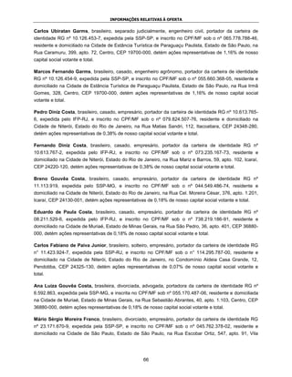 INFORMAÇÕES RELATIVAS À OFERTA


Carlos Ubiratan Garms, brasileiro, separado judicialmente, engenheiro civil, portador da carteira de
identidade RG nº 10.126.453-7, expedida pela SSP-SP, e inscrito no CPF/MF sob o nº 065.778.788-46,
residente e domiciliado na Cidade de Estância Turística de Paraguaçu Paulista, Estado de São Paulo, na
Rua Caramuru, 399, apto. 72, Centro, CEP 19700-000, detém ações representativas de 1,16% de nosso
capital social votante e total.

Marcos Fernando Garms, brasileiro, casado, engenheiro agrônomo, portador da carteira de identidade
RG nº 10.126.454-9, expedida pela SSP-SP, e inscrito no CPF/MF sob o nº 055.660.368-05, residente e
domiciliado na Cidade de Estância Turística de Paraguaçu Paulista, Estado de São Paulo, na Rua Irmã
Gomes, 328, Centro, CEP 19700-000, detém ações representativas de 1,16% de nosso capital social
votante e total.

Pedro Diniz Costa, brasileiro, casado, empresário, portador da carteira de identidade RG nº 10.613.765-
6, expedida pelo IFP-RJ, e inscrito no CPF/MF sob o nº 079.824.507-76, residente e domiciliado na
Cidade de Niterói, Estado do Rio de Janeiro, na Rua Matias Sandri, 112, Itacoatiara, CEP 24348-280,
detém ações representativas de 0,38% de nosso capital social votante e total.

Fernando Diniz Costa, brasileiro, casado, empresário, portador da carteira de identidade RG nº
10.613.767-2, expedida pelo IFP-RJ, e inscrito no CPF/MF sob o nº 073.235.167-73, residente e
domiciliado na Cidade de Niterói, Estado do Rio de Janeiro, na Rua Mariz e Barros, 59, apto. 102, Icaraí,
CEP 24220-120, detém ações representativas de 0,38% de nosso capital social votante e total.

Breno Gouvêa Costa, brasileiro, casado, empresário, portador da carteira de identidade RG nº
11.113.919, expedida pelo SSP-MG, e inscrito no CPF/MF sob o nº 044.549.486-74, residente e
domiciliado na Cidade de Niterói, Estado do Rio de Janeiro, na Rua Cel. Moreira César, 376, apto. 1.201,
Icaraí, CEP 24130-001, detém ações representativas de 0,18% de nosso capital social votante e total.

Eduardo de Paula Costa, brasileiro, casado, empresário, portador da carteira de identidade RG nº
08.211.529-6, expedida pelo IFP-RJ, e inscrito no CPF/MF sob o nº 738.219.186-91, residente e
domiciliado na Cidade de Muriaé, Estado de Minas Gerais, na Rua São Pedro, 36, apto. 401, CEP 36880-
000, detém ações representativas de 0,18% de nosso capital social votante e total.

Carlos Fabiano de Paiva Junior, brasileiro, solteiro, empresário, portador da carteira de identidade RG
n° 11.423.924-7, expedida pela SSP-RJ, e inscrito no CPF/MF sob o n° 114.295.787-00, residente e
domiciliado na Cidade de Niterói, Estado do Rio de Janeiro, no Condomínio Aldeia Casa Grande, 12,
Pendotiba, CEP 24325-130, detém ações representativas de 0,07% de nosso capital social votante e
total.

Ana Luiza Gouvêa Costa, brasileira, divorciada, advogada, portadora da carteira de identidade RG nº
6.592.863, expedida pela SSP-MG, e inscrita no CPF/MF sob nº 055.170.487-06, residente e domiciliada
na Cidade de Muriaé, Estado de Minas Gerais, na Rua Sebastião Abrantes, 40, apto. 1.103, Centro, CEP
36880-000, detém ações representativas de 0,18% de nosso capital social votante e total.

Mário Sérgio Moreira Franco, brasileiro, divorciado, empresário, portador da carteira de identidade RG
nº 23.171.670-9, expedida pela SSP-SP, e inscrito no CPF/MF sob o nº 045.762.378-02, residente e
domiciliado na Cidade de São Paulo, Estado de São Paulo, na Rua Escobar Ortiz, 547, apto. 91, Vila




                                                   66
 