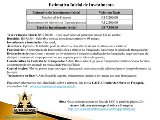 www.autobrasilfranquias.com.br
Estimativa Inicial de Investimento
Taxa Franquia Básica: R$ 5.200,00 – Este valor pode ser parcelado em até 12x no cartão;
Royalties: R$ 98,50 – Valor fixo mensal, isenção nos primeiros 03 meses;
Investimento e instalações: Opcional;
Área física: Opcional. O trabalho pode ser desenvolvido através de sua residência ou escritório;
Funcionários: A contratação de funcionários fica a critério do franqueado, não é uma exigência da franqueadora;
Dedicação exclusiva: Como o retorno do investimento é baseado na dedicação do franqueado, sugerimos que ele
dedique o máximo de tempo possível ao seu negócio, porém não é obrigatório;
Característica do Contrato de Franqueado: AAuto Brasil não exige que o franqueado constitua Pessoa Jurídica,
o contrato pode ser assinado na modalidade Pessoa Física;
Capital de giro: Não há, porém sugerimos que o franqueado tenha uma renda adicional para o desenvolvimento da
franquia;
Treinamento on-line: AAuto Brasil dá suporte, treinamentos técnico e de vendas aos seus franqueados.
Para obter informações mais detalhadas sobre a empresa, leia nossa C.O.F. Circular de Oferta de Franquia,
acessando o link: www.cof.autobrasilfranquias.com.br.
Obs.: Nosso contrato consta no final da COF (a partir da página 20).
Acesse link com resumo geral sobre a franquia:
http://www.autobrasilfranquias.com.br/apgeralabf.swf
 