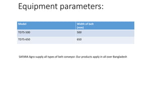 Equipment parameters:
Model Width of belt
(mm)
TD75-500 500
TD75-650 650
SAFARA Agro supply all types of belt conveyor. Our products apply in all over Bangladesh
 