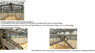 Bridge type multi-bucket excavator
Product Information: Multi-bucket Excavator
It is suitable for the yearly capacity of 120 million standard bricks with the advantages
of big excavating capacity in unit time and high efficiency. The shape likes bridge, so it is called bridge
type multi-bucket excavator
The bucket arm can move freely in the steel bracket for convenience of taking materials.
 