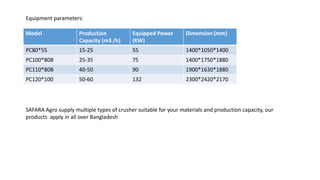 Equipment parameters:
Model Production
Capacity (m3 /h)
Equipped Power
(KW)
Dimension (mm)
PC80*55 15-25 55 1400*1050*1400
PC100*80B 25-35 75 1400*1750*1880
PC110*80B 40-50 90 1900*1630*1880
PC120*100 50-60 132 2300*2420*2170
SAFARA Agro supply multiple types of crusher suitable for your materials and production capacity, our
products apply in all over Bangladesh
 