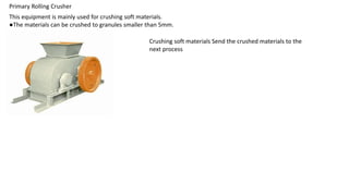 Primary Rolling Crusher
This equipment is mainly used for crushing soft materials.
●The materials can be crushed to granules smaller than 5mm.
Crushing soft materials Send the crushed materials to the
next process
 