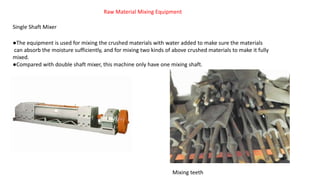 Raw Material Mixing Equipment
Single Shaft Mixer
●The equipment is used for mixing the crushed materials with water added to make sure the materials
can absorb the moisture sufficiently, and for mixing two kinds of above crushed materials to make it fully
mixed.
●Compared with double shaft mixer, this machine only have one mixing shaft.
Mixing teeth
 