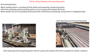 5 Brick cutting, Stacking and transporting system
Brick Stacking System
●Brick stacking system is consisting of brick stacker and separating, transporting system.
●The brick separating and transporting system is to turn, group and transport the bricks.
●Brick stacker will carry the grouped bricks (wet bricks, fired bricks) automatically, and put them in designated spots.
Brick Separating and Transporting System
Brick separating and transporting system will turn, group and transport the bricks to prepare for stacker in advance.
 