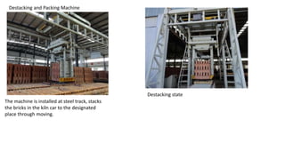 Destacking and Packing Machine
The machine is installed at steel track, stacks
the bricks in the kiln car to the designated
place through moving.
Destacking state
 