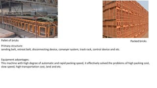 Pallet of bricks Packed bricks
Primary structure:
sending belt, retreat belt, disconnecting device, conveyer system, track rack, control device and etc.
Equipment advantages:
This machine with high degree of automatic and rapid packing speed, it effectively solved the problems of high packing cost,
slow speed, high transportation cost, land and etc.
 