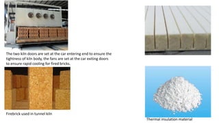 The two kiln doors are set at the car entering end to ensure the
tightness of kiln body, the fans are set at the car exiting doors
to ensure rapid cooling for fired bricks.
Firebrick used in tunnel kiln
Thermal insulation material
 