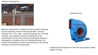 Moisture releasing Fan
Moisture-releasing fan is divided into main moisture-releasing
fan and subsidiary moisture-releasing fan Main moisture-
releasing fan is the major moisture-releasing fan of drying
chamber and subsidiary moisture-releasing fan is the
subsidiary fan for host main moisture-releasing fan. Moisture-
releasing fan is installed at the roof of drying chamber; it is
used for discharging the moisture and dampness in the drying
chamber to ensure the drying quality.
Combustion Fan
Installed at the firing zone of tunnel kiln and supplies enough
oxygen for firing.
 
