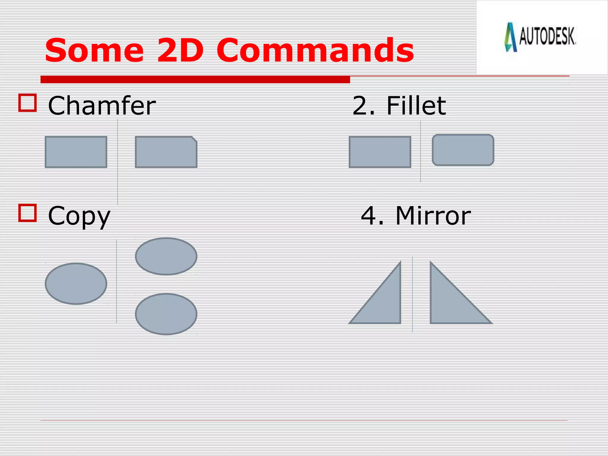 Some 2D Commands
 Chamfer 2. Fillet
 Copy 4. Mirror
 