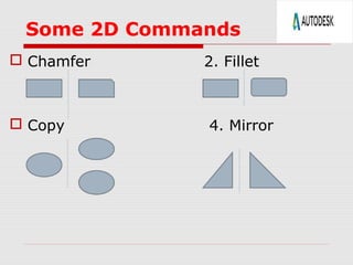 Some 2D Commands
 Chamfer 2. Fillet
 Copy 4. Mirror
 