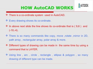 HOW AutoCAD WORKS
 There is a co-ordinate system used in AutoCAD.
 Every drawing shows its co-ordinate.
 In above next slide the line shows its co-ordinate that is ( 9,6 ) and
(-10,-4).
 There is so many commands like copy, move ,rotate ,mirror in 2D,
path array , rectangular array, polar array & more.
 Different types of drawing can be made in the same time by using a
command that is LAYER.
 Using line , arc , circle , rectangle , ellipse & polygon , so many
drawing of different type can be made.
 