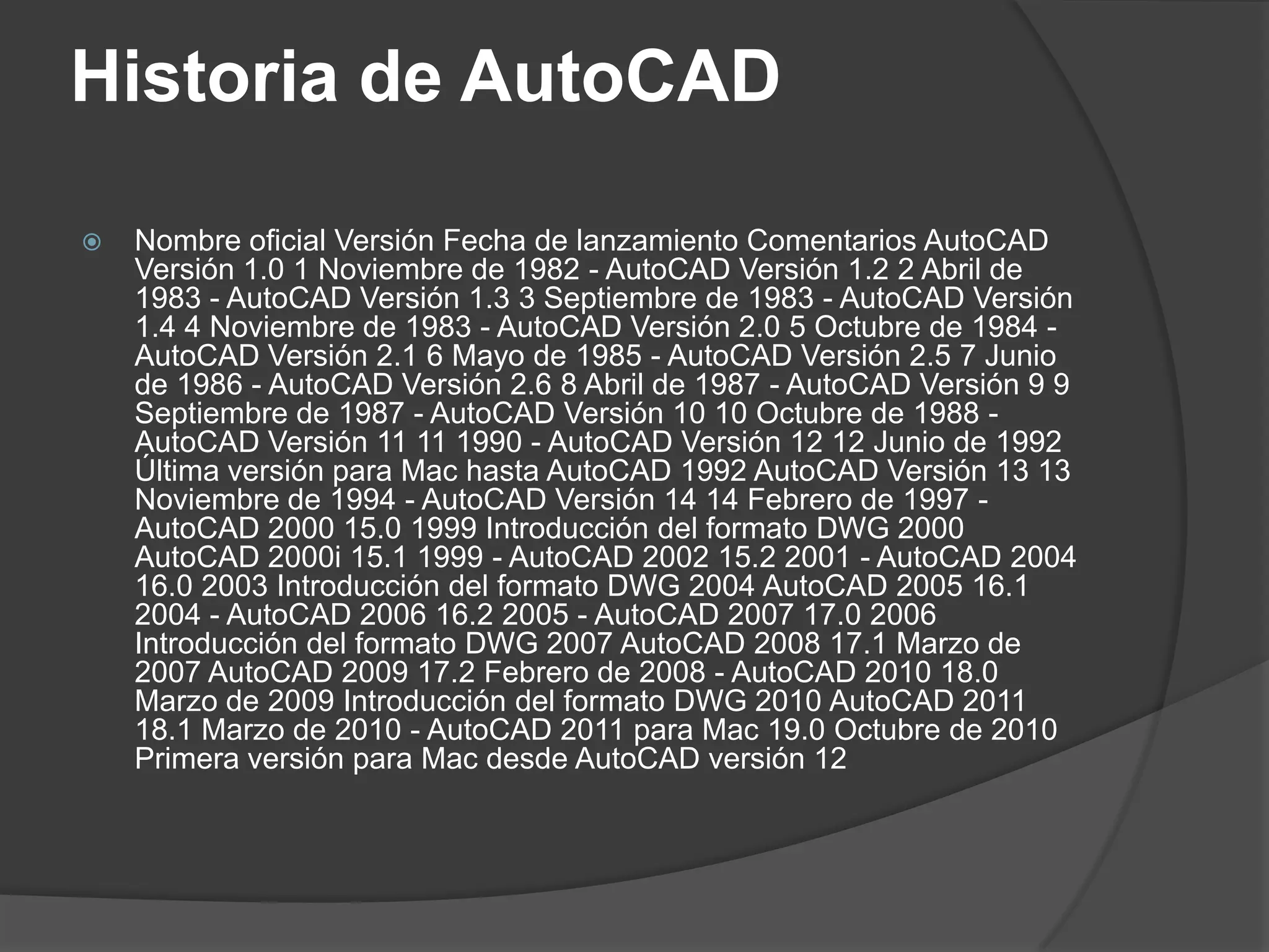 Historia de AutoCADNombre oficial Versión Fecha de lanzamiento Comentarios AutoCAD Versión 1.0 1 Noviembre de 1982 - AutoCAD Versión 1.2 2 Abril de 1983 - AutoCAD Versión 1.3 3 Septiembre de 1983 - AutoCAD Versión 1.4 4 Noviembre de 1983 - AutoCAD Versión 2.0 5 Octubre de 1984 - AutoCAD Versión 2.1 6 Mayo de 1985 - AutoCAD Versión 2.5 7 Junio de 1986 - AutoCAD Versión 2.6 8 Abril de 1987 - AutoCAD Versión 9 9 Septiembre de 1987 - AutoCAD Versión 10 10 Octubre de 1988 - AutoCAD Versión 11 11 1990 - AutoCAD Versión 12 12 Junio de 1992 Última versión para Mac hasta AutoCAD 1992 AutoCAD Versión 13 13 Noviembre de 1994 - AutoCAD Versión 14 14 Febrero de 1997 - AutoCAD 2000 15.0 1999 Introducción del formato DWG 2000 AutoCAD 2000i 15.1 1999 - AutoCAD 2002 15.2 2001 - AutoCAD 2004 16.0 2003 Introducción del formato DWG 2004 AutoCAD 2005 16.1 2004 - AutoCAD 2006 16.2 2005 - AutoCAD 2007 17.0 2006 Introducción del formato DWG 2007 AutoCAD 2008 17.1 Marzo de 2007 AutoCAD 2009 17.2 Febrero de 2008 - AutoCAD 2010 18.0 Marzo de 2009 Introducción del formato DWG 2010 AutoCAD 2011 18.1 Marzo de 2010 - AutoCAD 2011 para Mac 19.0 Octubre de 2010 Primera versión para Mac desde AutoCAD versión 12