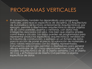 PROGRAMAS VERTICALESEl autoescritorio también ha desarrollado unos programas verticales, para realces específicos de disciplina. La Arquitectura de Autobellaco (el Escritorio anteriormente Arquitectónico), por ejemplo, permite a diseñadores arquitectónicos dibujar objetos de 3D como paredes, puertas y ventanas, con datos más inteligentes asociados con ellos, más bien que objetos simples como líneas y círculos. Los datos pueden ser programados para representar productos específicos arquitectónicos vendidos en la industria de construcción, o extraído en un fichero de datos para la acción de poner el precio, la valoración de materiales, y otros valores relacionados con los objetos representados. Instrumentos adicionales permiten a diseñadores para generar dibujos estándar de 2D, como elevaciones y secciones, de un modelo arquitectónico de 3D. El Diseño asimismo Civil, el Diseño 3D Civil, y el Profesional de Diseño Civil permiten a objetos específicos de datos