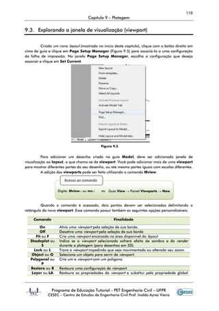 110
                                    Capítulo 9 – Plotagem


9.3. Explorando a janela de visualização (viewport)


         Criado um novo layout (mostrado no início deste capítulo), clique com o botão direito em
cima da guia e clique em Page Setup Manager (Figura 9.5) para associá-lo a uma configuração
da folha de impressão. Na janela Page Setup Manager, escolha a configuração que deseja
associar e clique em Set Current.




                                            Figura 9.5


          Para adicionar um desenho criado na guia Model, deve ser adicionado janela de
visualização ao layout, o que chama-se de viewport. Você pode adicionar mais de uma viewport
para mostrar diferentes partes do seu desenho, ou até mesmo partes iguais com escalas diferentes.
          A adição das viewports pode ser feita utilizando o comando Mview.

                      Acesso ao comando

                   Digite: Mview↵ ou mv↵    ou Guia View → Painel Viewports → New



         Quando o comando é acessado, dois pontos devem ser selecionados delimitando o
retângulo da nova viewport. Esse comando possui também as seguintes opções personalizáveis:

     Comando                                       Finalidade

        On         Ativa uma viewport pela seleção de sua borda.
        Off        Desativa uma viewport pela seleção de sua borda
      Fit ou F     Cria uma viewport encaixada na área disponível do layout
   Shadeplot ou    Indica se a viewport selecionada sofrerá efeito de sombra e do render
          S        durante a plotagem (para desenhos em 3D).
     Lock ou L     Trava a viewport impedindo que seja movimentado ou alterado seu zoom.
    Object ou O    Seleciona um objeto para servir de viewport.
   Polygonal ou    Cria um a viewport com um polígono.
          P
   Restore ou R    Restaura uma configuração de viewport.
    Layer ou LA    Restaura as propriedades da viewport e substitui pela propriedade global



               Programa de Educação Tutorial - PET Engenharia Civil – UFPR
             CESEC – Centro de Estudos de Engenharia Civil Prof. Inaldo Ayres Vieira
 