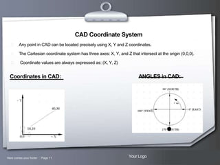 CAD Coordinate System


Any point in CAD can be located precisely using X, Y and Z coordinates.



The Cartesian coordinate system has three axes: X, Y, and Z that intersect at the origin (0,0,0).



Coordinate values are always expressed as: (X, Y, Z)

Coordinates in CAD:

Here comes your footer  Page 11

ANGLES in CAD:

Your Logo

 