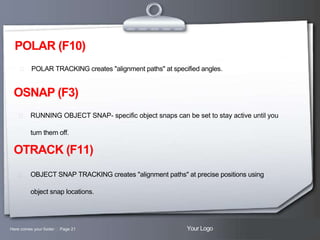 POLAR (F10)
 POLAR TRACKING creates "alignment paths" at specified angles.

OSNAP (F3)
 RUNNING OBJECT SNAP- specific object snaps can be set to stay active until you

turn them off.

OTRACK (F11)
 OBJECT SNAP TRACKING creates "alignment paths" at precise positions using

object snap locations.

Here comes your footer  Page 21

Your Logo

 