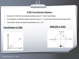 CAD Coordinate System


Any point in CAD can be located precisely using X, Y and Z coordinates.



The Cartesian coordinate system has three axes: X, Y, and Z that intersect at the origin (0,0,0).



Coordinate values are always expressed as: (X, Y, Z)

Coordinates in CAD:

Here comes your footer  Page 11

ANGLES in CAD:

Your Logo

 