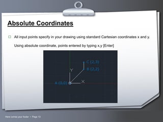 Absolute Coordinates
 All input points specify in your drawing using standard Cartesian coordinates x and y.

Using absolute coordinate, points entered by typing x,y [Enter]

Here comes your footer  Page 13

Your Logo

 