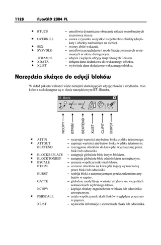 1128        AutoCAD 2004 PL


            RTUCS                 – umo liwia dynamiczne obracanie układu współrzędnych
                                    za pomocą myszy.
            OVERKILL              – usuwa z rysunku wszystkie niepotrzebne obiekty (dupli-
                                    katy i obiekty nachodzące na siebie).
            SSX                   – tworzy zbiór wskazań.
            SYSVDLG               – umo liwia przeglądanie i modyfikację zmiennych syste-
                                    mowych w oknie dialogowym.
            TFRAMES               – włącza i wyłącza obrysy map bitowych i zasłon.
            XDATA                 – dołącza dane dodatkowe do wskazanego obiektu.
            XLIST                 – wyświetla dane dodatkowe wskazanego obiektu.


Narzędzia służące do edycji bloków
       W skład pakietu wchodzi wiele narzędzi ułatwiających edycję bloków i atrybutów. Nie-
       które z nich dostępne są w oknie narzędziowym ET: Blocks.
                                                BEXTEND
                              NCOPY




                                                                           BURST
                                                                  CLIPIT
                                        BTRIM




                                                          XLIST




            ATTIN                     – wczytuje wartości atrybutów bloku z pliku tekstowego.
            ATTOUT                    – zapisuje wartości atrybutów bloku w pliku tekstowym.
            BEXTEND                   – rozciąganie obiektów do krawędzi wyznaczonej przez
                                        bloki lub odnośniki.
            BLOCKREPLACE              – zastępuje globalnie blok innym blokiem.
            BLOCKTOXREF               – zastępuje globalnie blok odnośnikiem zewnętrznym.
            BSCALE                    – zmienia współczynniki skali bloku.
            BTRIM                     – ucinanie obiektów na krawędzi tnącej wyznaczonej
                                        przez bloki lub odnośniki.
            BURST                     – rozbija bloki z automatycznym przekształceniem atry-
                                        butów w napisy.
            GATTE                     – globalnie modyfikuje wartości atrybutu we wszystkich
                                        wstawieniach wybranego bloku.
            NCOPY                     – kopiuje obiekty zagnie d one w bloku lub odnośniku
                                        zewnętrznym.
            PSBSCALE                  – ustala współczynnik skali bloków względem przestrze-
                                        ni papieru.
            XLIST                     – wyświetla informacje o elementach bloku lub odnośnika.
 
