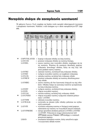 Express Tools                                      1129


Narzędzia służące do zarządzania warstwami
    W pakiecie Express Tools znajduje się bardzo wiele narzędzi ułatwiających tworzenie
    i zarządzanie warstwami. Niektóre z nich dostępne są w oknie narzędziowym ET: Lay-
    ers.




                                                  COPYTOLAYER


                                                                LAYWALK
                       LAYMCH


                                LAYCUR




                                                                                   LAYOFF
                                                                          LAYFRZ




                                                                                            LAYLCK

                                                                                                     LAYULK
                                         LAYISO
                LMAN




         COPYTOLAYER – kopiuje wskazane obiekty na inną warstwę.
         LAYCUR      – przenosi wskazane obiekty na warstwę bie ącą.
         LAYDEL      – usuwa warstwę oraz wszystkie obiekty znajdujące się na
                       tej warstwie. Warstwę do usunięcia określamy poprzez
                       wskazanie dowolnego obiektu, który na niej le y lub
                       przez podanie nazwy warstwy.
         LAYFRZ      – zamra a warstwy, na których le ą wskazane obiekty.
         LAYISO      – wyłącza wszystkie warstwy za wyjątkiem wskazanej.
         LAYLCK      – zamyka warstwę, na której le y wskazany obiekt.
         LAYMCH      – przenosi wskazane obiekty na warstwę określoną przez
                       inny obiekt.
         LAYMRG      – usuwa warstwę ale bez kasowania le ących na niej obie-
                       któw. Obiekty le ące na usuwanej warstwie są kopiowane
                       na inną wskazaną warstwę.
         LAYOFF      – wyłącza warstwy, na których le ą wskazane obiekty.
         LAYON       – włącza wszystkie warstwy.
         LAYULK      – otwiera warstwę, na której le y wskazany obiekt.
         LAYUNISO    – włącza wszystkie warstwy wyłączone ostatnim polece-
                       niem LAYISO.
         LAYTHW      – odmra a wszystkie warstwy.
         LAYWALK     – wyświetla na ekranie tylko obiekty poło one na wybra-
                       nych warstwach.
         LAYVPI      – wyró nia wskazaną warstwę w bie ącej rzutni poprzez
                       zamro enie tej warstwy we wszystkich innych rzutniach.
         LAYVPMODE   – steruje sposobem działania poleceń LAYISO, LAYFRZ
                       i LAYOFF. Polecenia te mogą wykorzystywać tryb
                       VPFreeze zamiast Freeze i Off działając w rzutniach
                       przestrzeni papieru.
         LMAN        – uruchamia mened era warstw, który umo liwia zapis
                       i wczytywanie układu warstw.
 