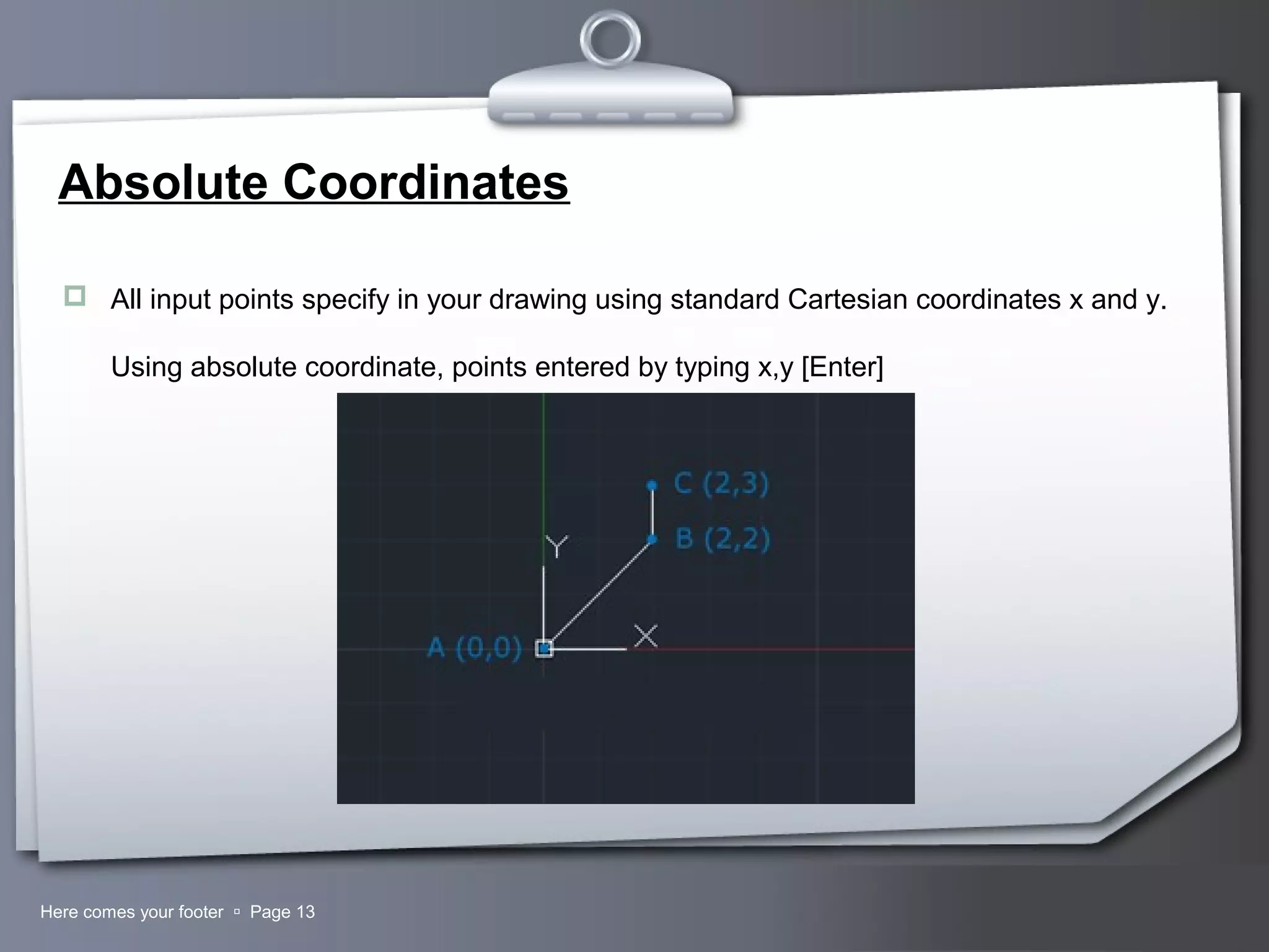 Your LogoHere comes your footer  Page 13
Absolute Coordinates
 All input points specify in your drawing using standard Cartesian coordinates x and y.
Using absolute coordinate, points entered by typing x,y [Enter]
 