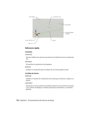 Referencia rápida
Comandos
CONFIG3D
Permite establecer las opciones que afectan al rendimiento de la visualización
3D.
OPCIONES
Personaliza los parámetros del programa.
RESVISTA
Establece la resolución para los objetos de la ventana gráfica actual.
Variables de sistema
APERTURE
Establece el tamaño de visualización de la mira para referencia a objetos, en
píxeles.
CALCINPUT
Determina si en los cuadros de entrada de números o de texto de las ventanas
y los cuadros de diálogo se evalúan expresiones matemáticas y constantes
globales.
172 | Capítulo 5 Personalización del entorno de dibujo
Ofrecido por www.electromanuales.com
 