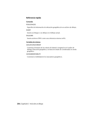 Referencia rápida
Comando
POSICIONGEO
Especifica la información de ubicación geográfica de un archivo de dibujo.
INSERT
Inserta un bloque o un dibujo en el dibujo actual.
ENLAZARX
Inserta archivos DWG como una referencia externa (refX).
Variables de sistema
GEOLATLONGFORMAT
Controla el formato de los valores de latitud y longitud en el cuadro de
diálogo Ubicación geográfica y la barra de estado de coordenadas en modo
geográfico.
GEOMARKERVISIBILITY
Controla la visibilidad de los marcadores geográficos.
236 | Capítulo 6 Inicio de un dibujo
Ofrecido por www.electromanuales.com
 