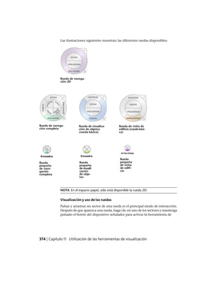 Las ilustraciones siguientes muestran las diferentes ruedas disponibles:
Rueda de navega-
ción 2D
Rueda de visita de
edificio (rueda bási-
ca)
Rueda de visualiza-
ción de objetos
(rueda básica)
Rueda de navega-
ción completa
Rueda
pequeñaRueda
pequeña
Rueda
pequeña de visita
de edifi-
cio
de visuali-
zación
de nave-
gación
completa de obje-
tos
NOTA En el espacio papel, sólo está disponible la rueda 2D.
Visualización y uso de las ruedas
Pulsar y arrastrar un sector de una rueda es el principal modo de interacción.
Después de que aparezca una rueda, haga clic en uno de los sectores y mantenga
pulsado el botón del dispositivo señalador para activar la herramienta de
374 | Capítulo 11 Utilización de las herramientas de visualización
Ofrecido por www.electromanuales.com
 