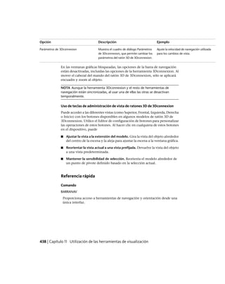 EjemploDescripciónOpción
Ajuste la velocidad de navegación utilizada
para los cambios de vista.
Muestra el cuadro de diálogo Parámetros
de 3Dconnexion, que permite cambiar los
parámetros del ratón 3D de 3Dconnexion.
Parámetros de 3Dconnexion
En las ventanas gráficas bloqueadas, las opciones de la barra de navegación
están desactivadas, incluidas las opciones de la herramienta 3Dconnexion. Al
mover el cabezal del mando del ratón 3D de 3Dconnexion, sólo se aplicará
encuadre y zoom al objeto.
NOTA Aunque la herramienta 3Dconnexion y el resto de herramientas de
navegación están sincronizadas, al usar una de ellas las otras se desactivan
temporalmente.
Uso de teclas de administración de vista de ratones 3D de 3Dconnexion
Puede acceder a las diferentes vistas (como Superior, Frontal, Izquierda, Derecha
o Inicio) con los botones disponibles en algunos modelos de ratón 3D de
3Dconnexion. Utilice el Editor de configuración de botones para personalizar
las operaciones de estos botones. Al hacer clic en cualquiera de estos botones
en el dispositivo, puede
■ Ajustar la vista a la extensión del modelo. Gira la vista del objeto alrededor
del centro de la escena y la aleja para ajustar la escena a la ventana gráfica.
■ Reorientar la vista actual a una vista prefijada. Devuelve la vista del objeto
a una vista predeterminada.
■ Mantener la sensibilidad de selección. Reorienta el modelo alrededor de
un punto de pivote definido basado en la selección actual.
Referencia rápida
Comando
BARRANAV
Proporciona acceso a herramientas de navegación y orientación desde una
única interfaz.
438 | Capítulo 11 Utilización de las herramientas de visualización
Ofrecido por www.electromanuales.com
 