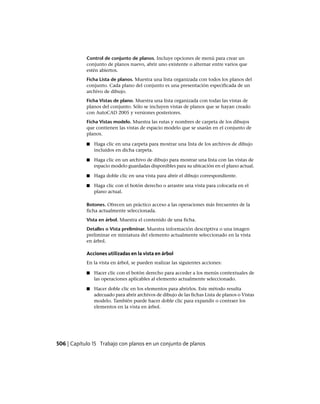 Control de conjunto de planos. Incluye opciones de menú para crear un
conjunto de planos nuevo, abrir uno existente o alternar entre varios que
estén abiertos.
Ficha Lista de planos. Muestra una lista organizada con todos los planos del
conjunto. Cada plano del conjunto es una presentación especificada de un
archivo de dibujo.
Ficha Vistas de plano. Muestra una lista organizada con todas las vistas de
planos del conjunto. Sólo se incluyen vistas de planos que se hayan creado
con AutoCAD 2005 y versiones posteriores.
Ficha Vistas modelo. Muestra las rutas y nombres de carpeta de los dibujos
que contienen las vistas de espacio modelo que se usarán en el conjunto de
planos.
■ Haga clic en una carpeta para mostrar una lista de los archivos de dibujo
incluidos en dicha carpeta.
■ Haga clic en un archivo de dibujo para mostrar una lista con las vistas de
espacio modelo guardadas disponibles para su ubicación en el plano actual.
■ Haga doble clic en una vista para abrir el dibujo correspondiente.
■ Haga clic con el botón derecho o arrastre una vista para colocarla en el
plano actual.
Botones. Ofrecen un práctico acceso a las operaciones más frecuentes de la
ficha actualmente seleccionada.
Vista en árbol. Muestra el contenido de una ficha.
Detalles o Vista preliminar. Muestra información descriptiva o una imagen
preliminar en miniatura del elemento actualmente seleccionado en la vista
en árbol.
Acciones utilizadas en la vista en árbol
En la vista en árbol, se pueden realizar las siguientes acciones:
■ Hacer clic con el botón derecho para acceder a los menús contextuales de
las operaciones aplicables al elemento actualmente seleccionado.
■ Hacer doble clic en los elementos para abrirlos. Este método resulta
adecuado para abrir archivos de dibujo de las fichas Lista de planos o Vistas
modelo. También puede hacer doble clic para expandir o contraer los
elementos en la vista en árbol.
506 | Capítulo 15 Trabajo con planos en un conjunto de planos
Ofrecido por www.electromanuales.com
 