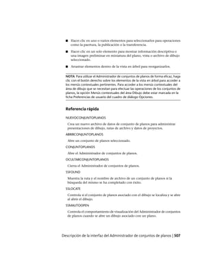 ■ Hacer clic en uno o varios elementos para seleccionarlos para operaciones
como la paertura, la publicación o la transferencia.
■ Hacer clic en un solo elemento para mostrar información descriptiva o
una imagen preliminar en miniatura del plano, vista o archivo de dibujo
seleccionado.
■ Arrastrar elementos dentro de la vista en árbol para reorganizarlos.
NOTA Para utilizar el Administrador de conjuntos de planos de forma eficaz, haga
clic con el botón derecho sobre los elementos de la vista en árbol para acceder a
los menús contextuales pertinentes. Para acceder a los menús contextuales del
área de dibujo que se necesitan para efectuar las operaciones de los conjuntos de
planos, la opción Menús contextuales del área Dibujo debe estar marcada en la
ficha Preferencias de usuario del cuadro de diálogo Opciones.
Referencia rápida
NUEVOCONJUNTOPLANOS
Crea un nuevo archivo de datos de conjunto de planos para administrar
presentaciones de dibujo, rutas de archivo y datos de proyectos.
ABRIRCONJUNTOPLANOS
Abre un conjunto de planos seleccionado.
CONJUNTOPLANOS
Abre el Administrador de conjuntos de planos.
OCULTARCONJUNTOPLANOS
Cierra el Administrador de conjuntos de planos.
SSFOUND
Muestra la ruta y el nombre de archivo de un conjunto de planos si la
búsqueda del mismo se ha completado con éxito.
SSLOCATE
Controla si el conjunto de planos asociado con el dibujo se localiza y se abre
al abrir el dibujo.
SSMAUTOOPEN
Controla el comportamiento de visualización del Administrador de conjuntos
de planos cuando se abre un dibujo asociado con un plano.
Descripción de la interfaz del Administrador de conjuntos de planos | 507
Ofrecido por www.electromanuales.com
 