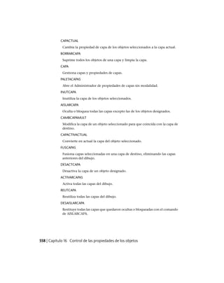CAPACTUAL
Cambia la propiedad de capa de los objetos seleccionados a la capa actual.
BORRARCAPA
Suprime todos los objetos de una capa y limpia la capa.
CAPA
Gestiona capas y propiedades de capas.
PALETACAPAS
Abre el Administrador de propiedades de capas sin modalidad.
INUTCAPA
Inutiliza la capa de los objetos seleccionados.
AISLARCAPA
Oculta o bloquea todas las capas excepto las de los objetos designados.
CAMBCAPAMULT
Modifica la capa de un objeto seleccionado para que coincida con la capa de
destino.
CAPACTIVACTUAL
Convierte en actual la capa del objeto seleccionado.
FUSCAPAS
Fusiona capas seleccionadas en una capa de destino, eliminando las capas
anteriores del dibujo.
DESACTCAPA
Desactiva la capa de un objeto designado.
ACTIVARCAPAS
Activa todas las capas del dibujo.
REUTCAPA
Reutiliza todas las capas del dibujo.
DESAISLARCAPA
Restituye todas las capas que quedaron ocultas o bloqueadas con el comando
de AISLARCAPA.
558 | Capítulo 16 Control de las propiedades de los objetos
Ofrecido por www.electromanuales.com
 